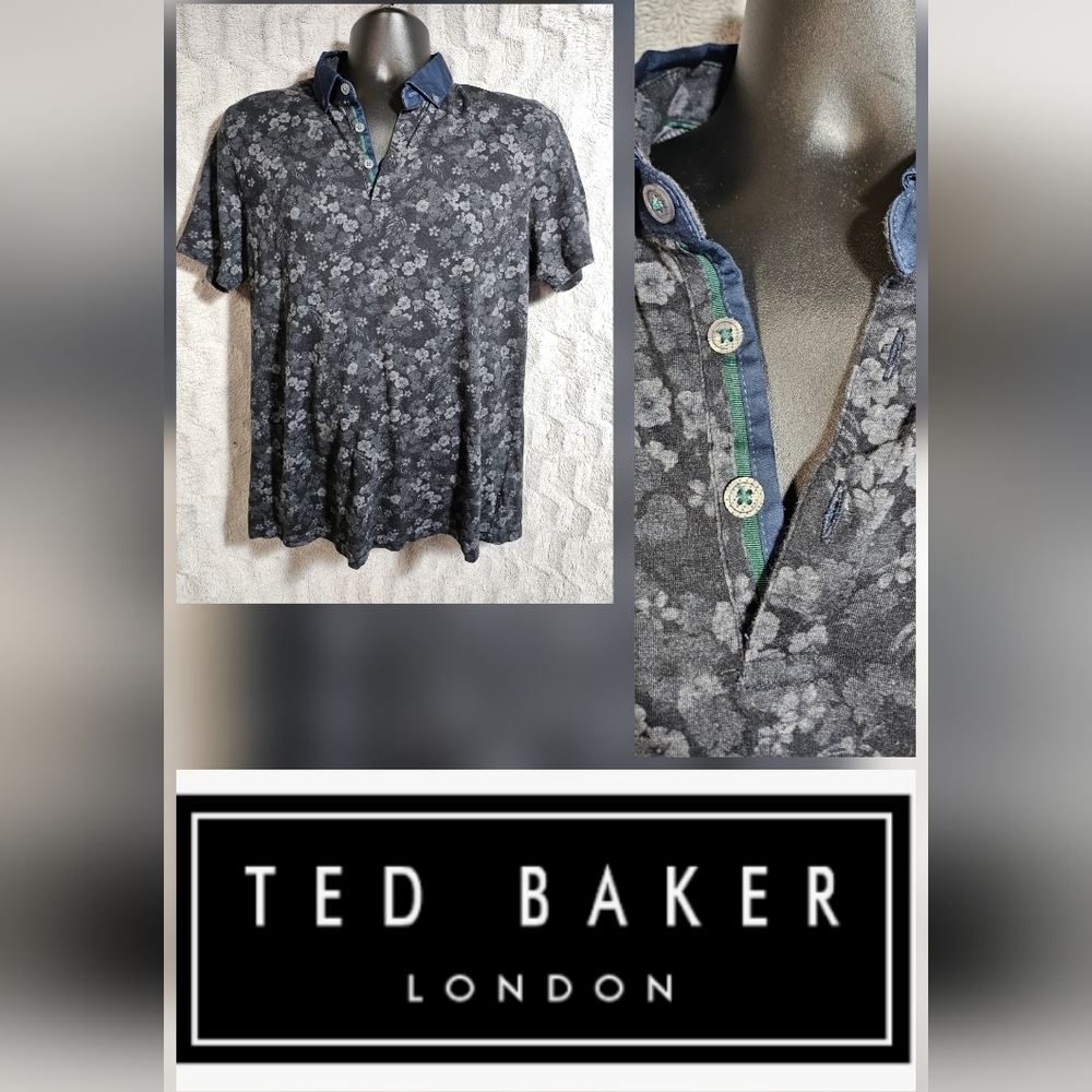Ted Baker Mens Polo Shirt Black Gray Floral 5 Large - Picture 2 of 9